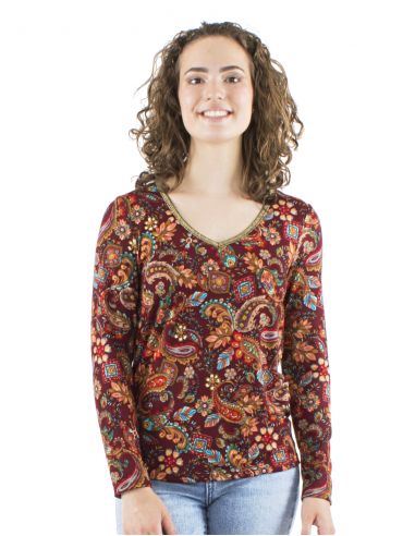 Blusa malla 95% poliester 5% elastano cuello v mangas largas estampado romanesque