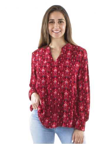 Blusa viscosa crepe estampado ikat fushia mangas