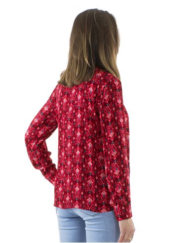 Blusa viscosa crepe estampado ikat fushia mangas