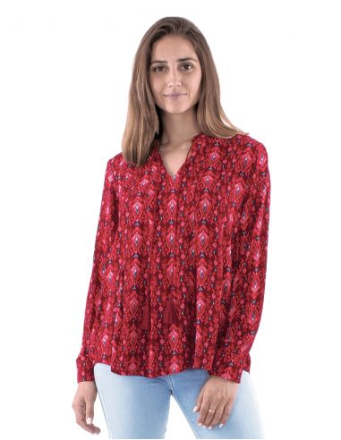 Blusa viscosa crepe estampado ikat fushia mangas
