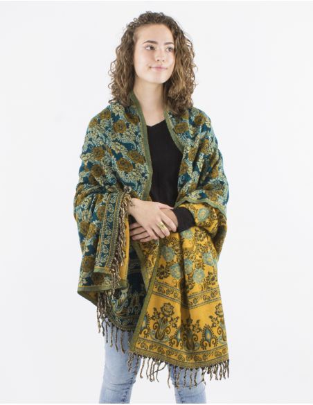 Chal acrilico flecos jacquart rosas