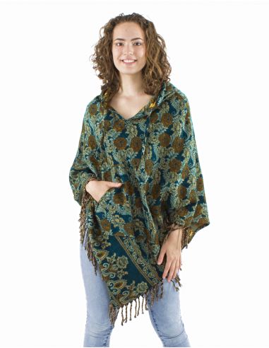 Poncho acrilico triangulo flecos jacquart rosas
