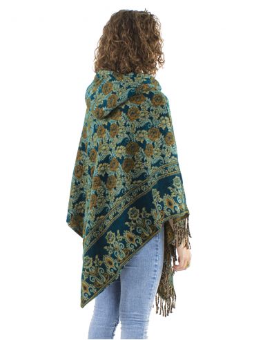 Poncho acrilico triangulo flecos jacquart rosas