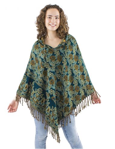 Poncho acrilico triangulo flecos jacquart rosas