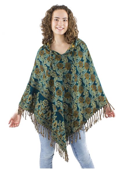 Poncho acrilico triangulo flecos jacquart rosas