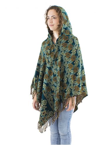 Poncho acrilico triangulo flecos jacquart rosas