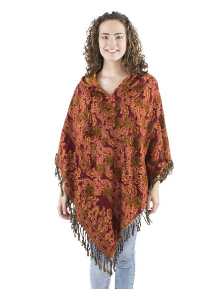 Poncho acrilico triangulo flecos jacquart rosas
