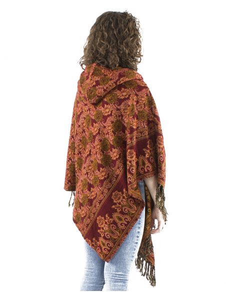 Poncho acrilico triangulo flecos jacquart rosas