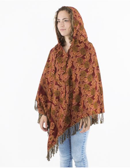Poncho acrilico triangulo flecos jacquart rosas