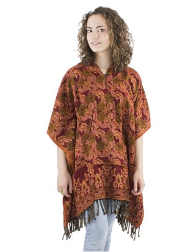 Poncho acrilico cuadradoflecos jacquart rosas con capucha