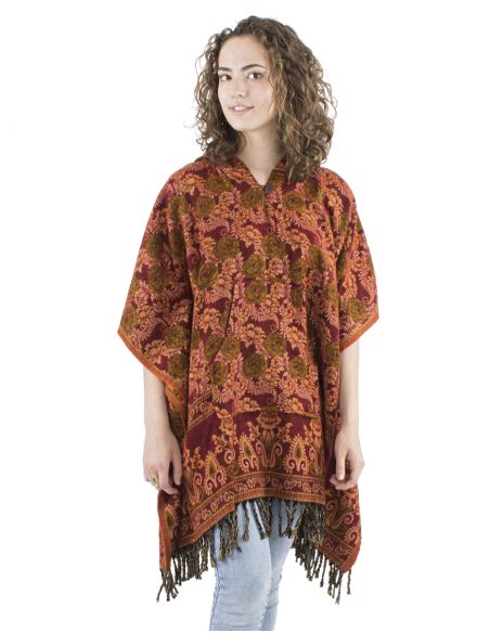 Poncho acrilico cuadradoflecos jacquart rosas con capucha