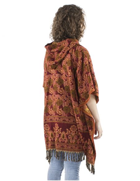 Poncho acrilico cuadradoflecos jacquart rosas con capucha