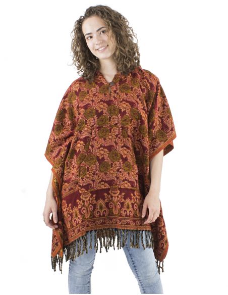 Poncho acrilico cuadradoflecos jacquart rosas con capucha