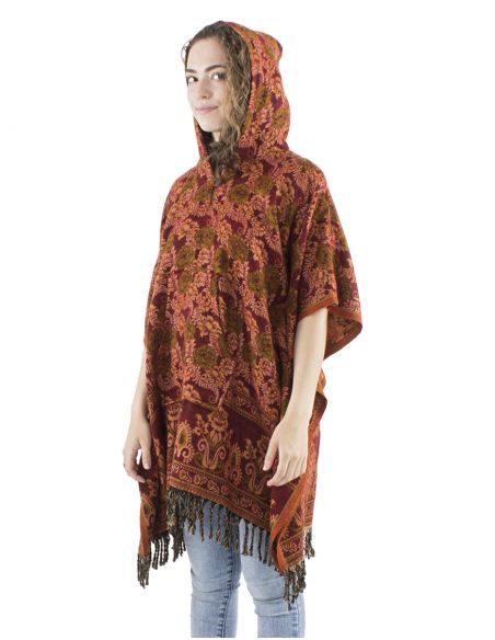 Poncho acrilico cuadradoflecos jacquart rosas con capucha