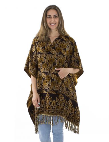 Poncho acrilico cuadradoflecos jacquart rosas con capucha