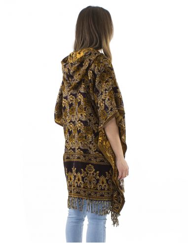 Poncho acrilico cuadradoflecos jacquart rosas con capucha
