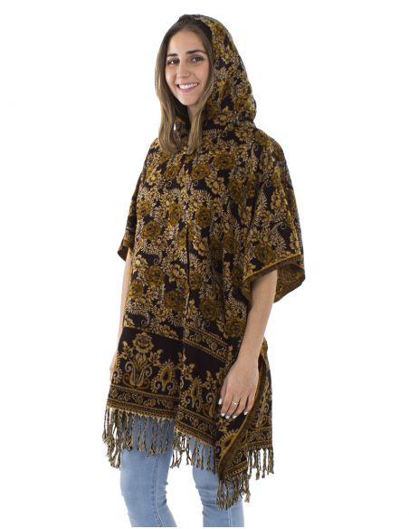 Poncho acrilico cuadradoflecos jacquart rosas con capucha