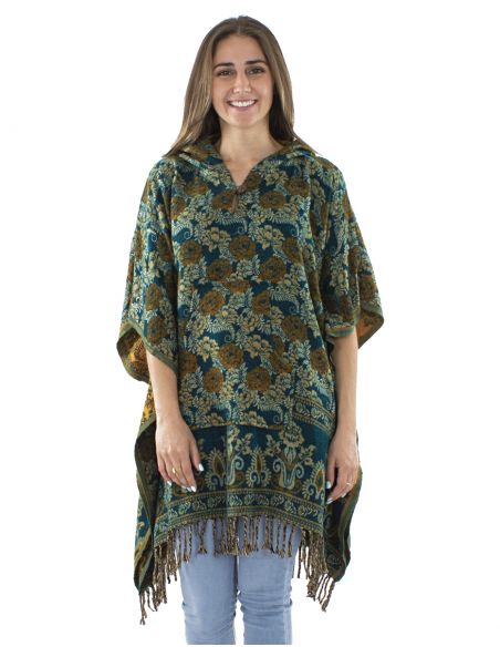 Poncho acrilico cuadradoflecos jacquart rosas con capucha