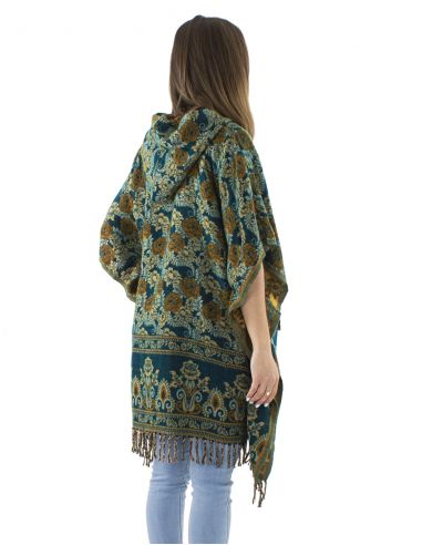 Poncho acrilico cuadradoflecos jacquart rosas con capucha