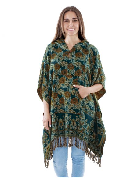 Poncho acrilico cuadradoflecos jacquart rosas con capucha