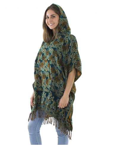 Poncho acrilico cuadradoflecos jacquart rosas con capucha