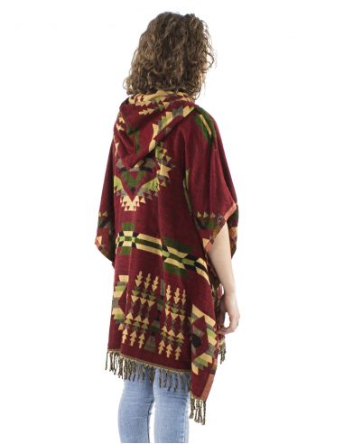 Poncho acrilico cuadrado flecos jacquart geometrico con capucha