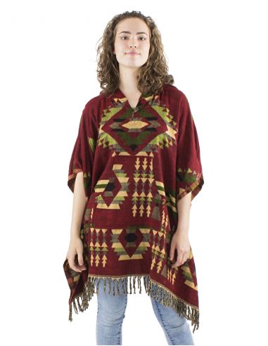 Poncho acrilico cuadrado flecos jacquart geometrico con capucha