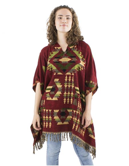Poncho acrilico cuadrado flecos jacquart geometrico con capucha
