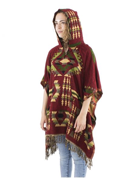 Poncho acrilico cuadrado flecos jacquart geometrico con capucha