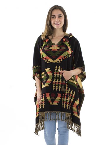 Poncho acrilico cuadrado flecos jacquart geometrico con capucha