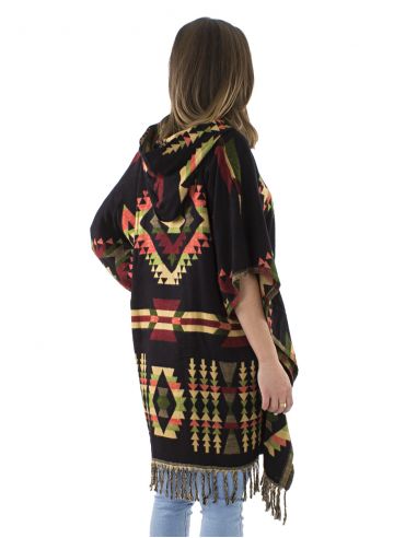 Poncho acrilico cuadrado flecos jacquart geometrico con capucha