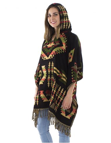 Poncho acrilico cuadrado flecos jacquart geometrico con capucha