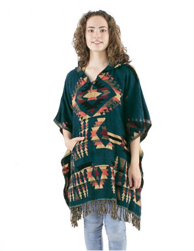 Poncho acrilico cuadrado flecos jacquart geometrico con capucha