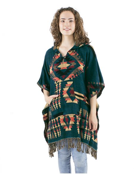 Poncho acrilico cuadrado flecos jacquart geometrico con capucha