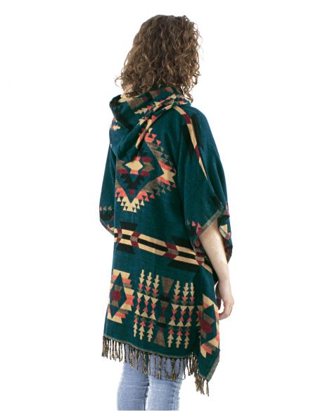 Poncho acrilico cuadrado flecos jacquart geometrico con capucha