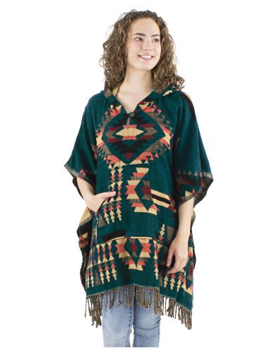 Poncho acrilico cuadrado flecos jacquart geometrico con capucha