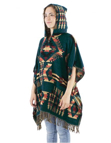 Poncho acrilico cuadrado flecos jacquart geometrico con capucha