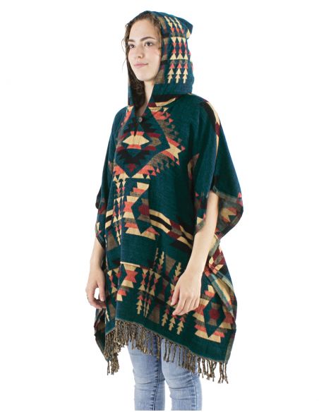 Poncho acrilico cuadrado flecos jacquart geometrico con capucha