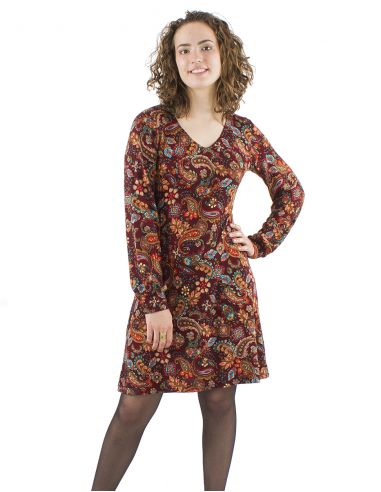 Vestido malla 95% poliester 5% elastano cuello v mangas largas estampado romanesque