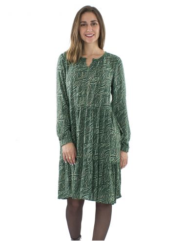 Vestido crepe de viscosa cuello corchete 4 botones mangas largas estampado safari