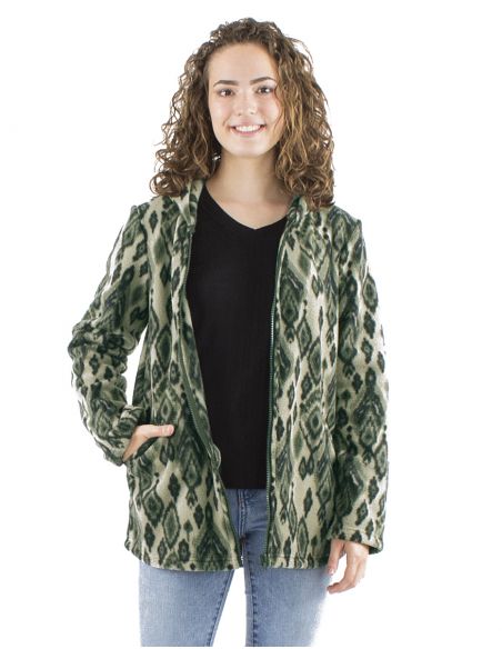 Chaqueta longue malla poliester polar con capucha estampado lovina
