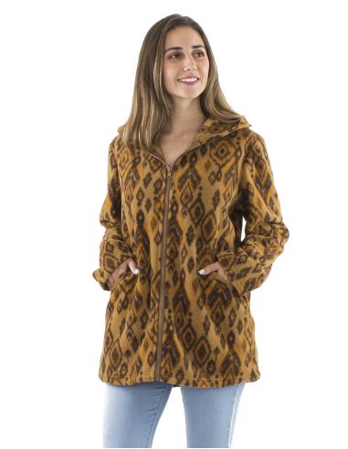 Chaqueta longue malla poliester polar con capucha estampado lovina