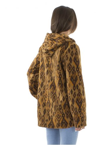Chaqueta longue malla poliester polar con capucha estampado lovina