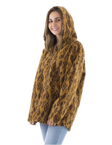 Chaqueta longue malla poliester polar con capucha estampado lovina