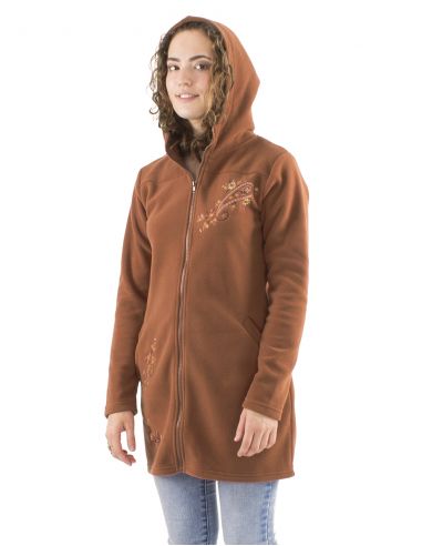 Chaqueta longue malla poliester polar con capucha bordado flores