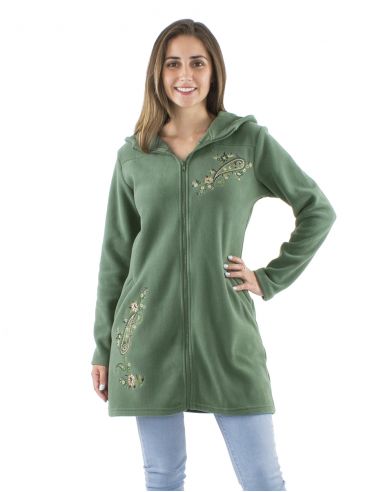 Chaqueta longue malla poliester polar con capucha bordado flores