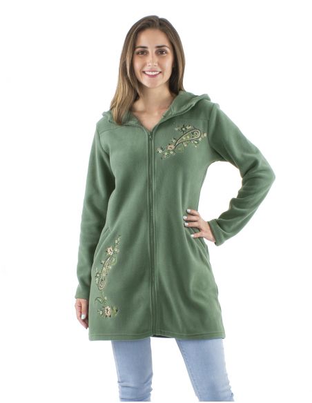 Chaqueta longue malla poliester polar con capucha bordado flores