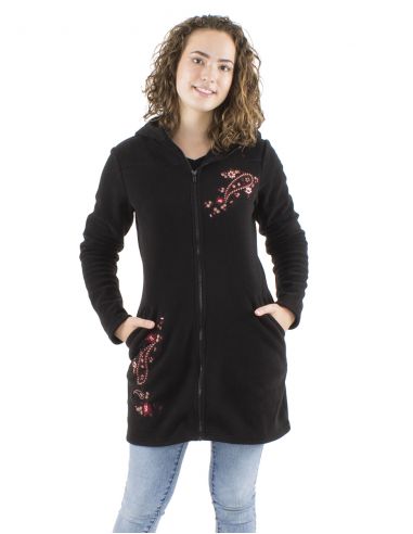 Chaqueta longue malla poliester polar con capucha bordado flores