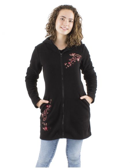 Chaqueta longue malla poliester polar con capucha bordado flores