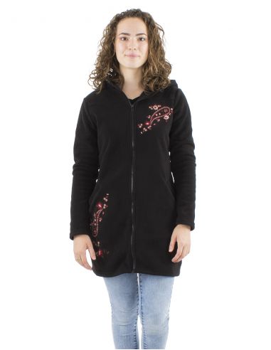 Chaqueta longue malla poliester polar con capucha bordado flores